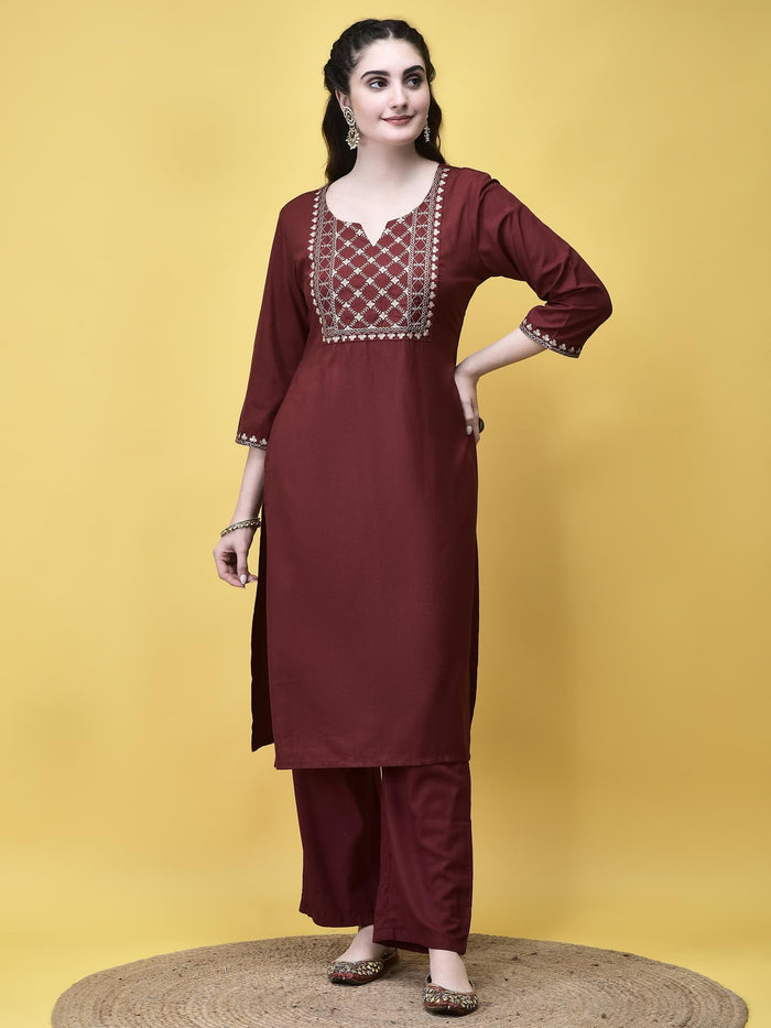 Women Poly Viscose Maroon Embroidered Kurta Comfort Pant Chanderi Dupatta.