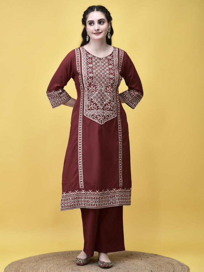 Women Poly Viscose Maroon Embroidered Kurta Comfort Pant Chanderi Dupatta.