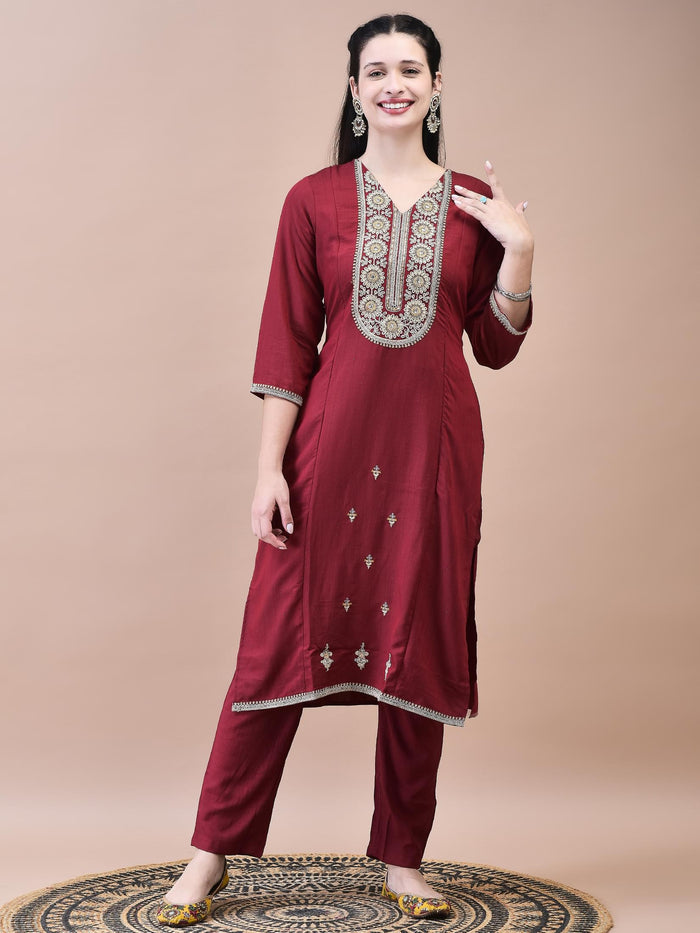 Women Poly Viscose Maroon Embroidered Kurta Comfort Pant Chanderi Dupatta.