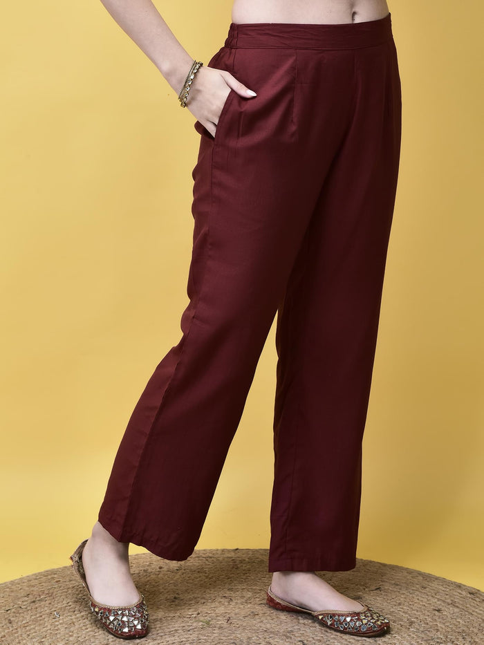 Women Poly Viscose Maroon Embroidered Kurta Comfort Pant Chanderi Dupatta.