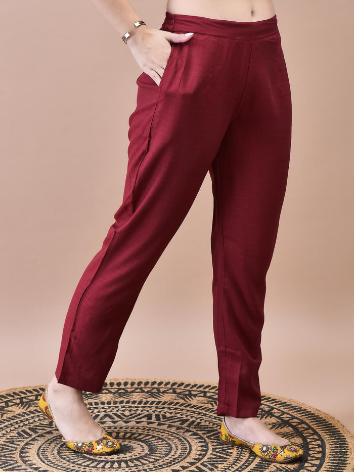 Women Poly Viscose Maroon Embroidered Kurta Comfort Pant Chanderi Dupatta.