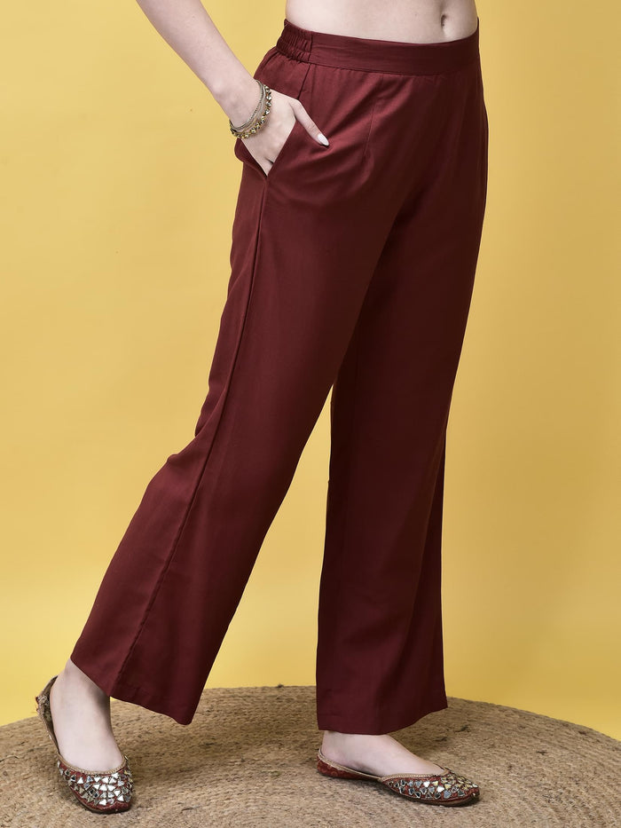 Women Poly Viscose Maroon Embroidered Kurta Comfort Pant Chanderi Dupatta.