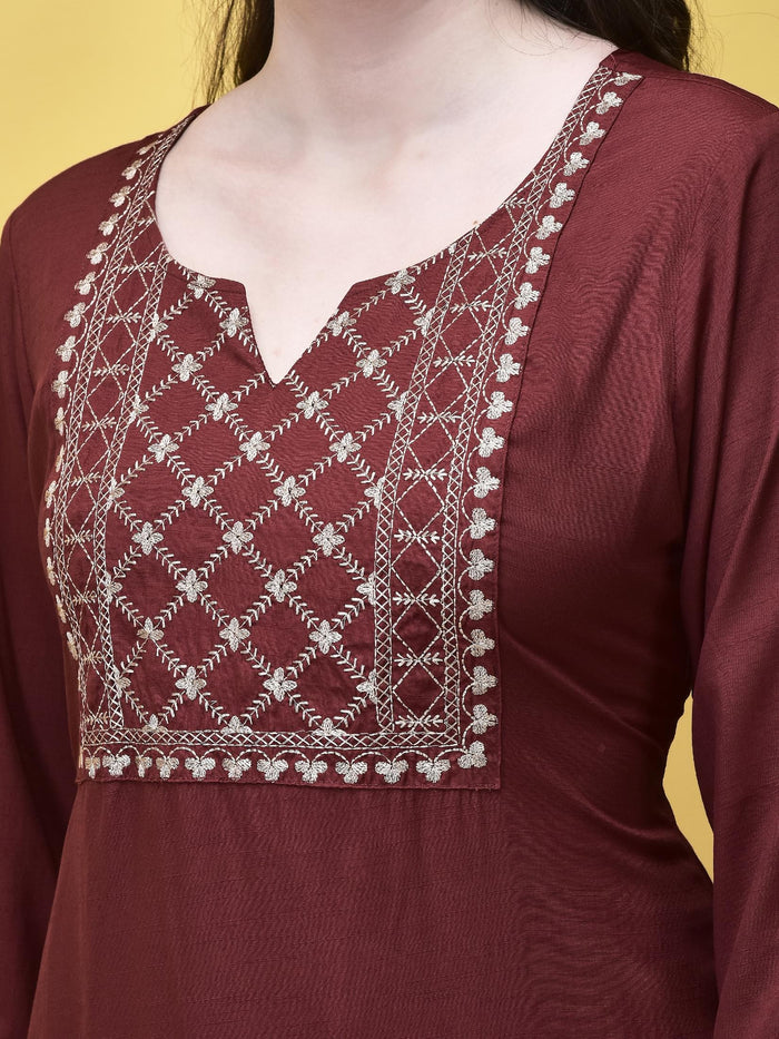 Women Poly Viscose Maroon Embroidered Kurta Comfort Pant Chanderi Dupatta.
