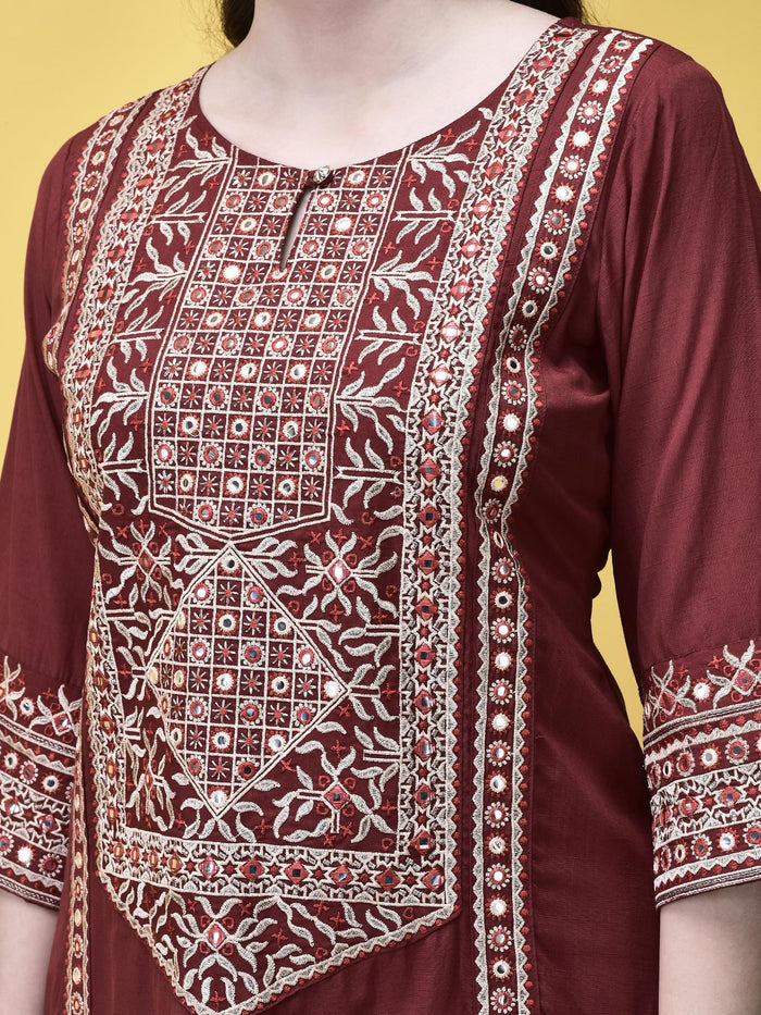 Women Poly Viscose Maroon Embroidered Kurta Comfort Pant Chanderi Dupatta.