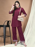 Women Poly Viscose Mauve Embroidered Co-Ord Set.