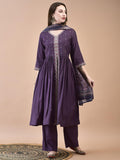 Women Poly Viscose Mauve Embroidered Kurta Comfort Pant Dupatta.