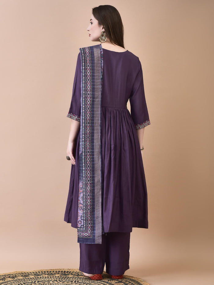 Women Poly Viscose Mauve Embroidered Kurta Comfort Pant Dupatta.