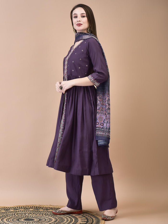 Women Poly Viscose Mauve Embroidered Kurta Comfort Pant Dupatta.