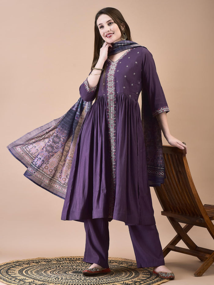 Women Poly Viscose Mauve Embroidered Kurta Comfort Pant Dupatta.