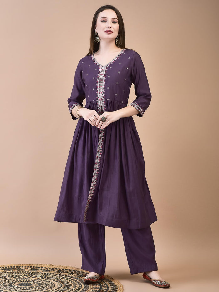 Women Poly Viscose Mauve Embroidered Kurta Comfort Pant Dupatta.