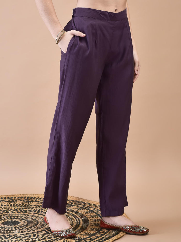 Women Poly Viscose Mauve Embroidered Kurta Comfort Pant Dupatta.