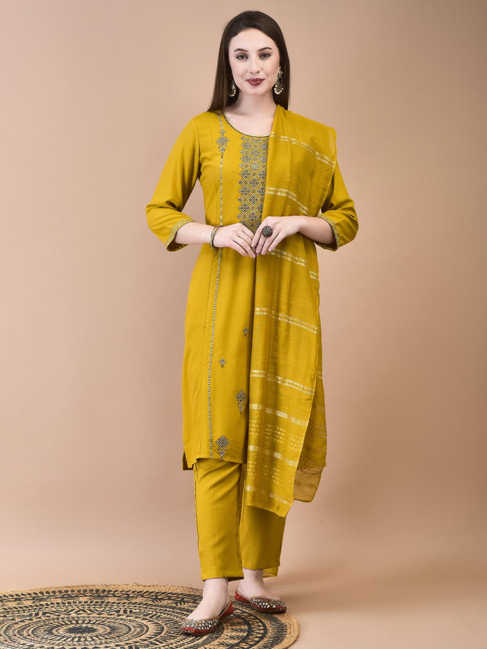 Women Poly Viscose Mustard Embroidered Kurta Trouser Chanderi Dupatta.