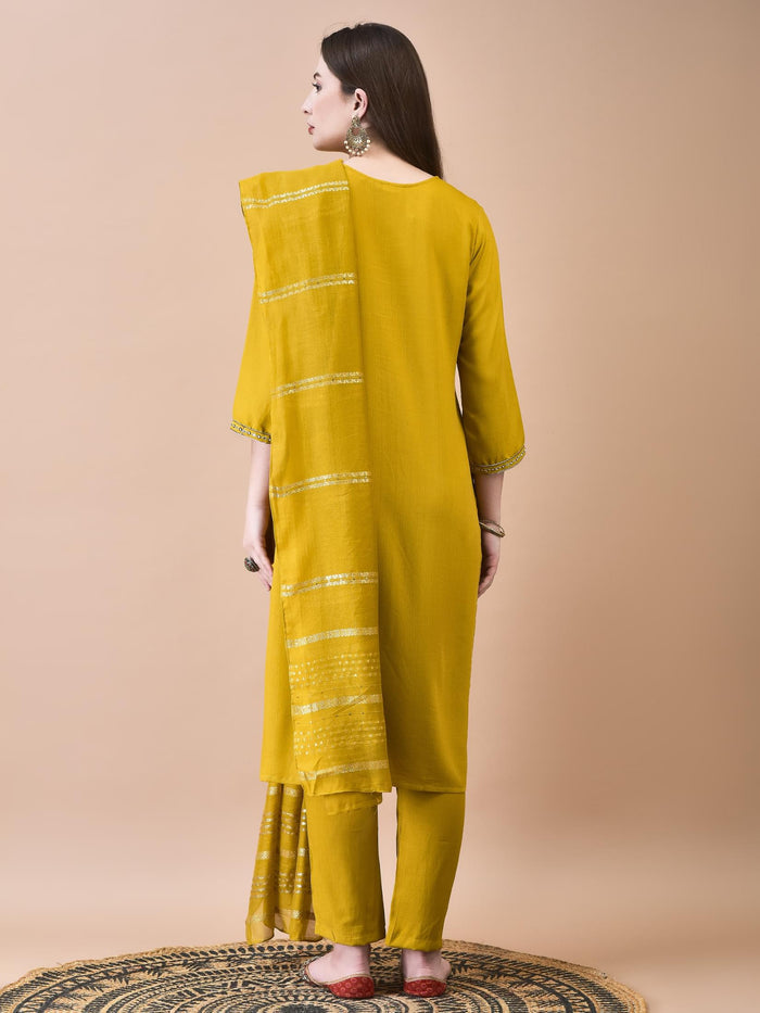 Women Poly Viscose Mustard Embroidered Kurta Trouser Chanderi Dupatta.
