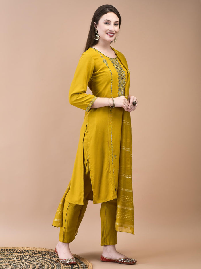 Women Poly Viscose Mustard Embroidered Kurta Trouser Chanderi Dupatta.