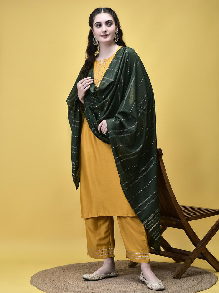 Women Poly Viscose Mustard Solid Kurta Comfort Pant Dupatta.