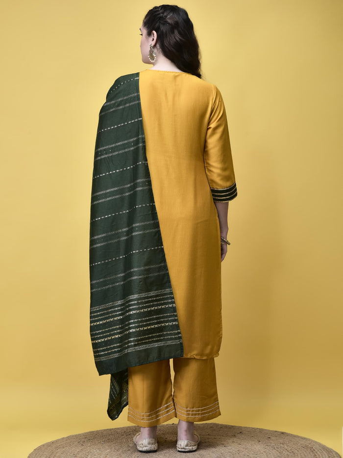 Women Poly Viscose Mustard Solid Kurta Comfort Pant Dupatta.