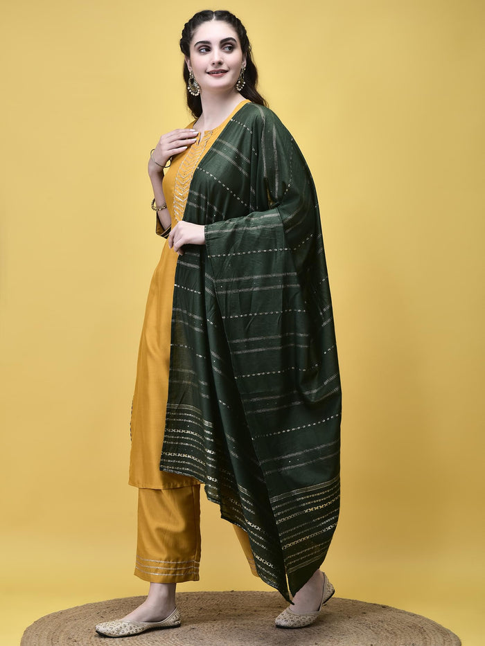 Women Poly Viscose Mustard Solid Kurta Comfort Pant Dupatta.