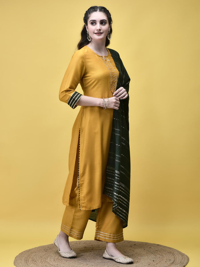 Women Poly Viscose Mustard Solid Kurta Comfort Pant Dupatta.