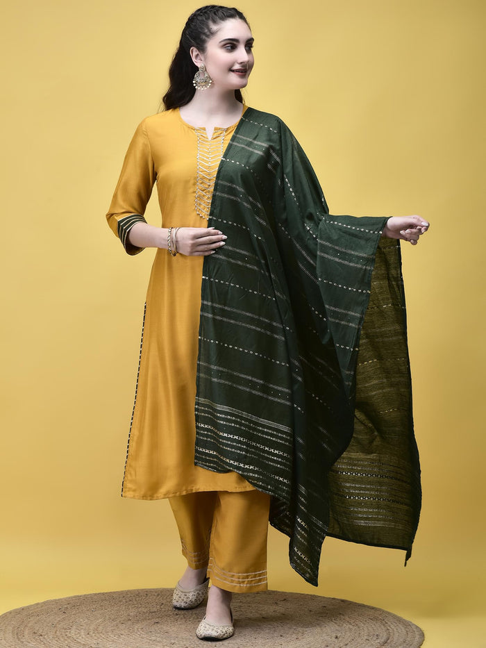 Women Poly Viscose Mustard Solid Kurta Comfort Pant Dupatta.