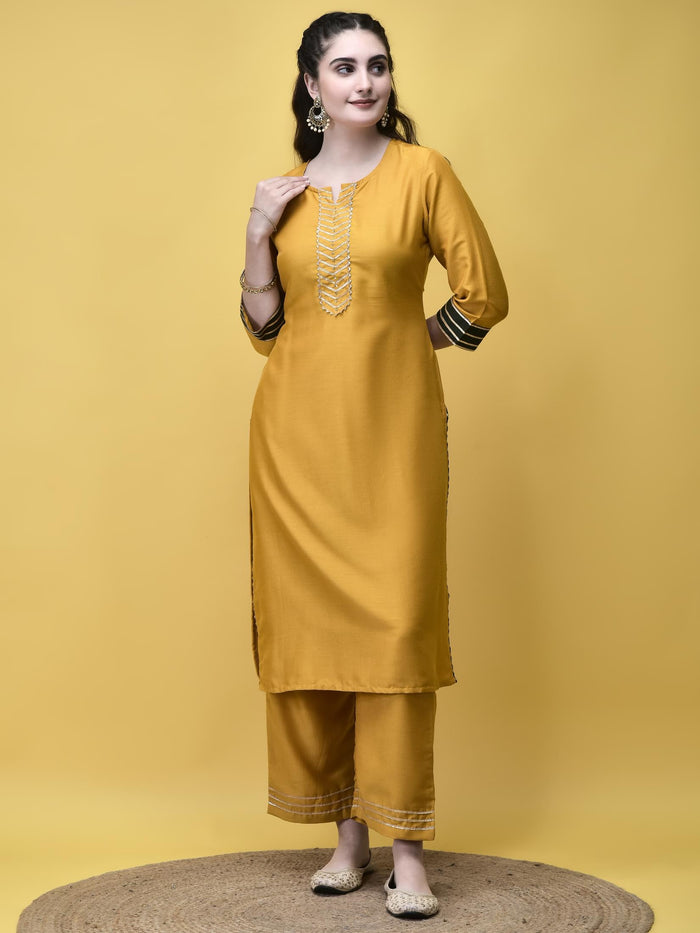 Women Poly Viscose Mustard Solid Kurta Comfort Pant Dupatta.