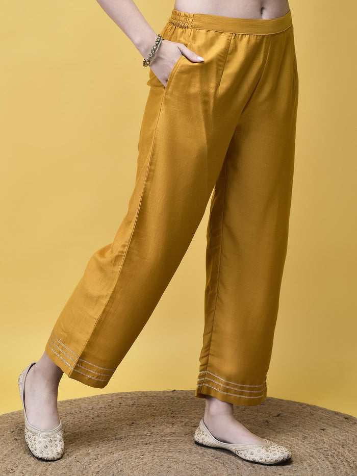 Women Poly Viscose Mustard Solid Kurta Comfort Pant Dupatta.