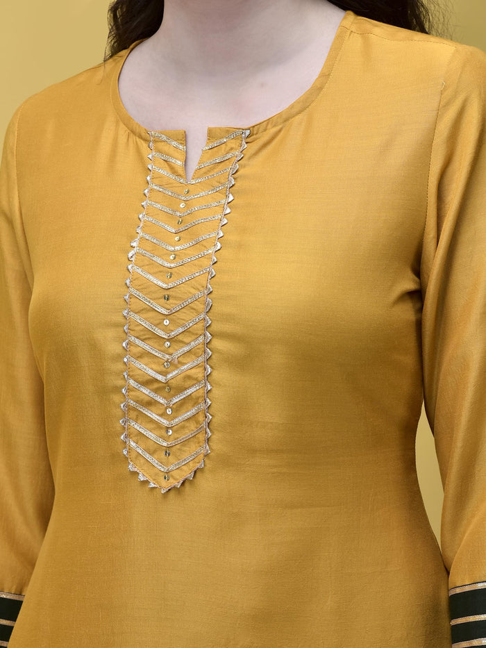 Women Poly Viscose Mustard Solid Kurta Comfort Pant Dupatta.