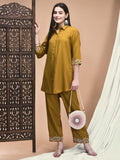 Women Poly Viscose Ochre Yellow Embroidered Co-Ord Set.
