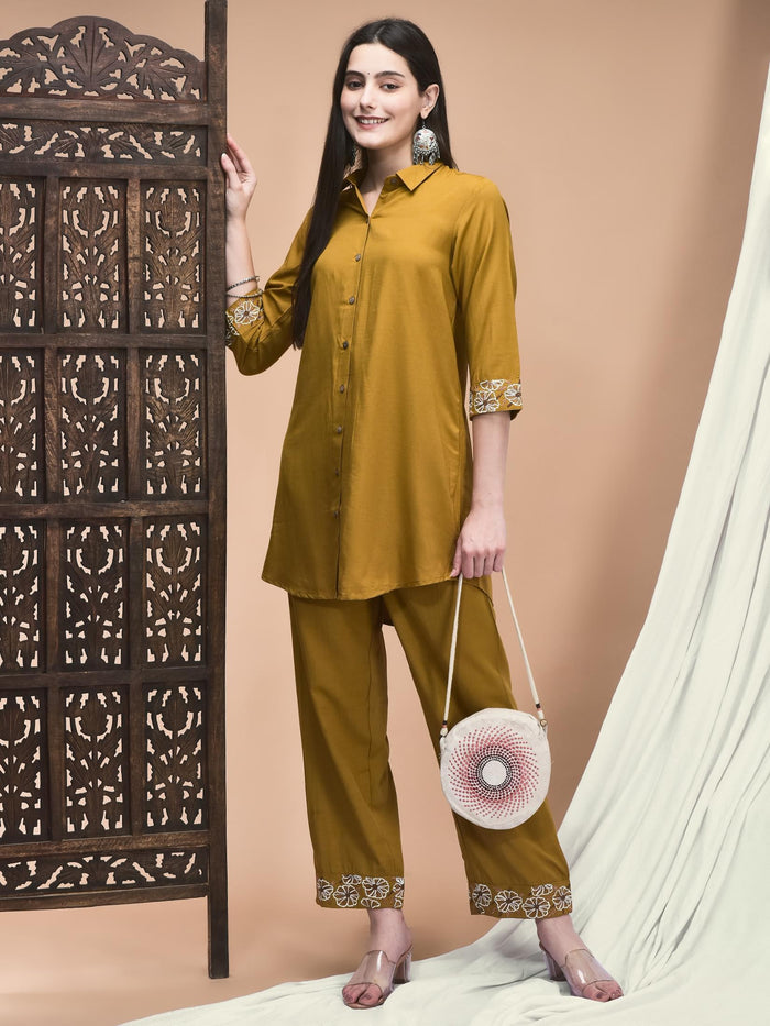 Women Poly Viscose Ochre Yellow Embroidered Co-Ord Set.