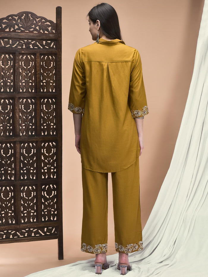 Women Poly Viscose Ochre Yellow Embroidered Co-Ord Set.