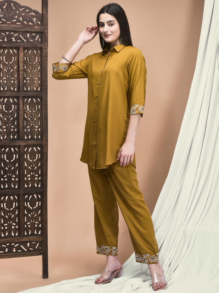 Women Poly Viscose Ochre Yellow Embroidered Co-Ord Set.