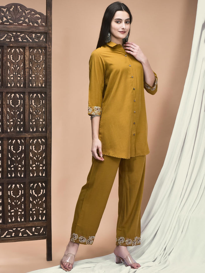 Women Poly Viscose Ochre Yellow Embroidered Co-Ord Set.