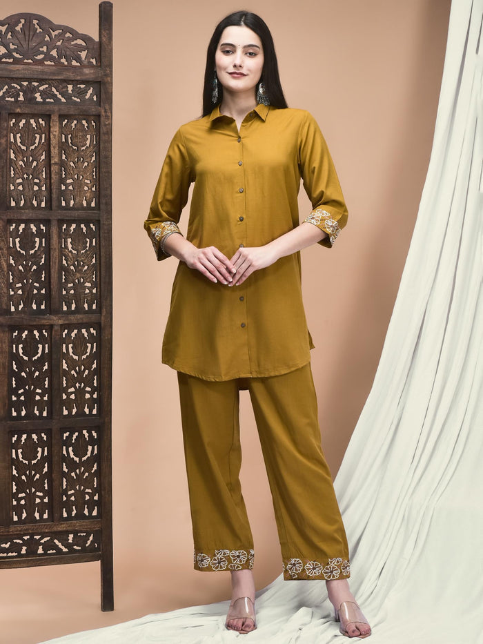 Women Poly Viscose Ochre Yellow Embroidered Co-Ord Set.