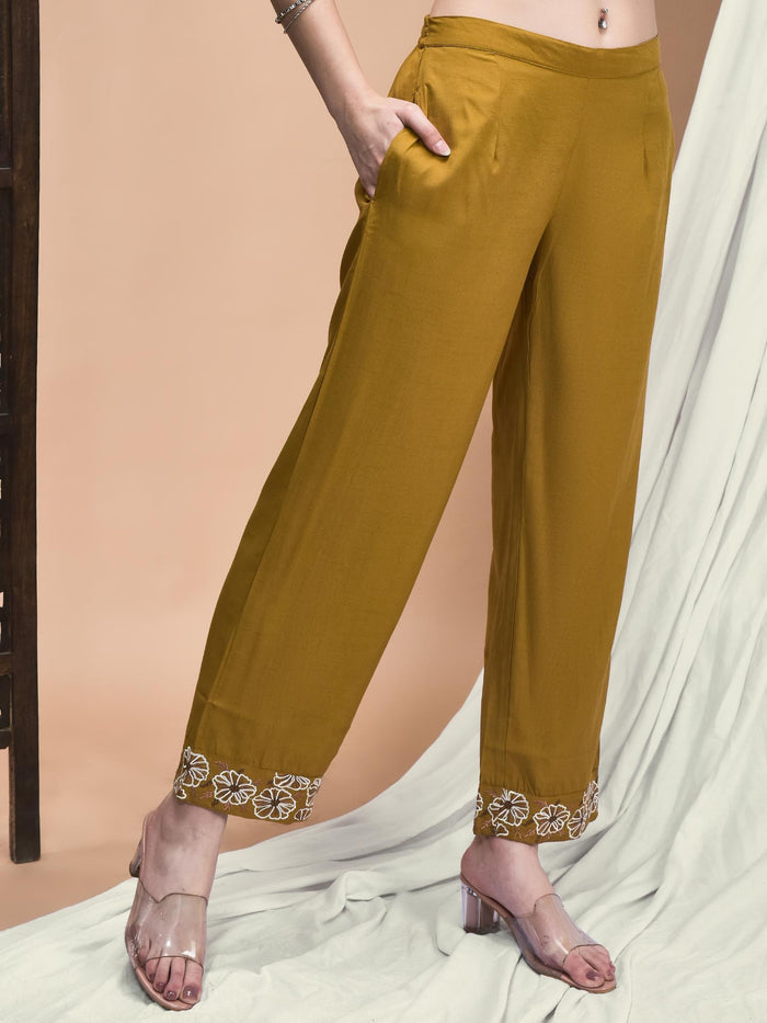 Women Poly Viscose Ochre Yellow Embroidered Co-Ord Set.