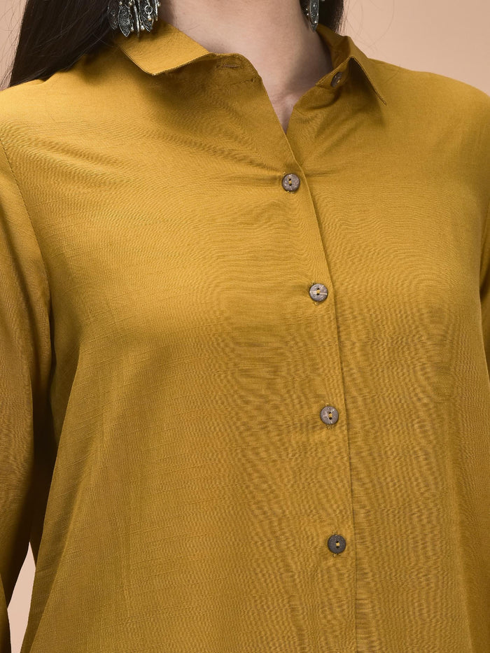 Women Poly Viscose Ochre Yellow Embroidered Co-Ord Set.