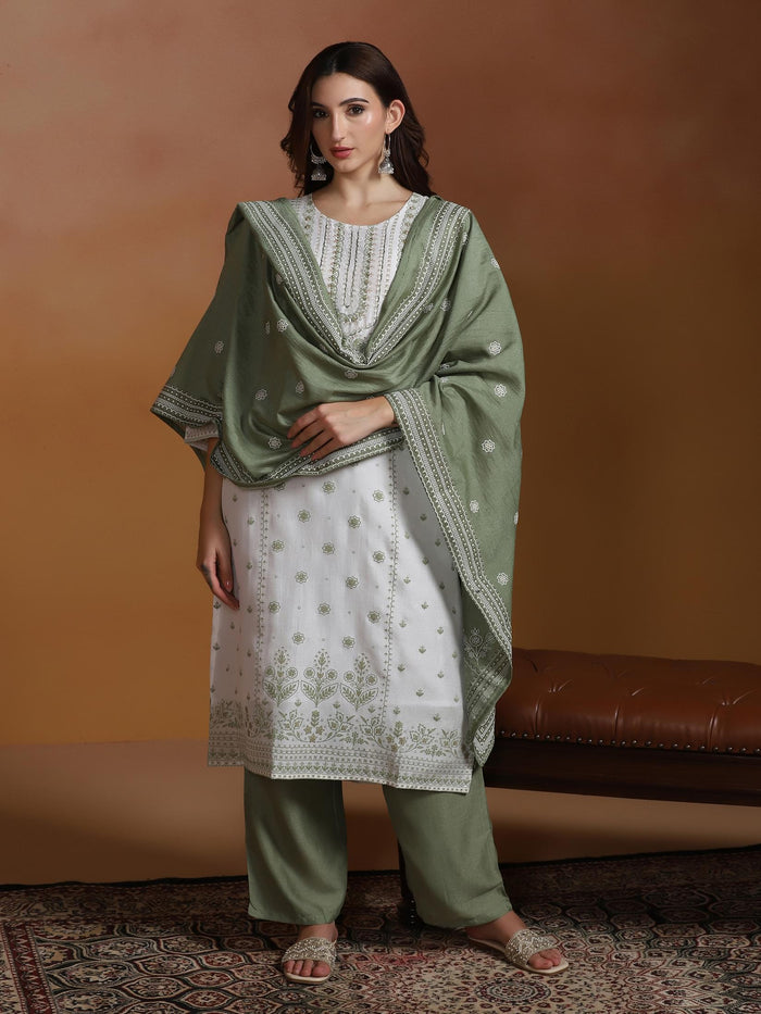 Women Poly Viscose Off White and Green Embroidered Kurta Comfort Pant Dupatta.