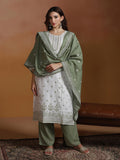 Women Poly Viscose Off White and Green Embroidered Kurta Comfort Pant Dupatta.