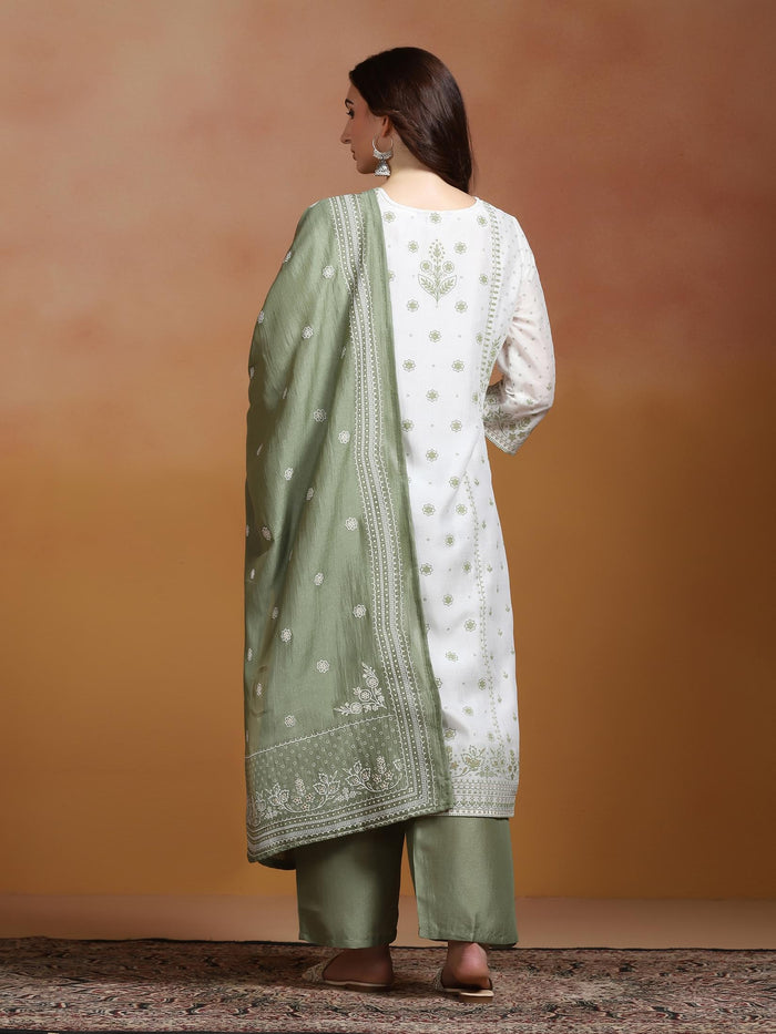Women Poly Viscose Off White and Green Embroidered Kurta Comfort Pant Dupatta.