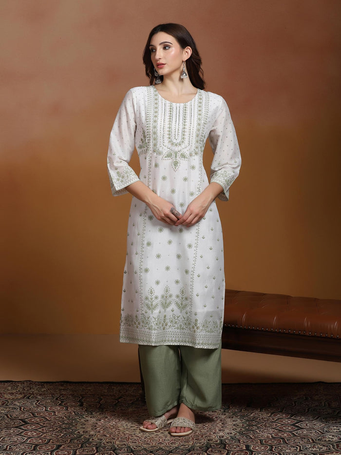 Women Poly Viscose Off White and Green Embroidered Kurta Comfort Pant Dupatta.