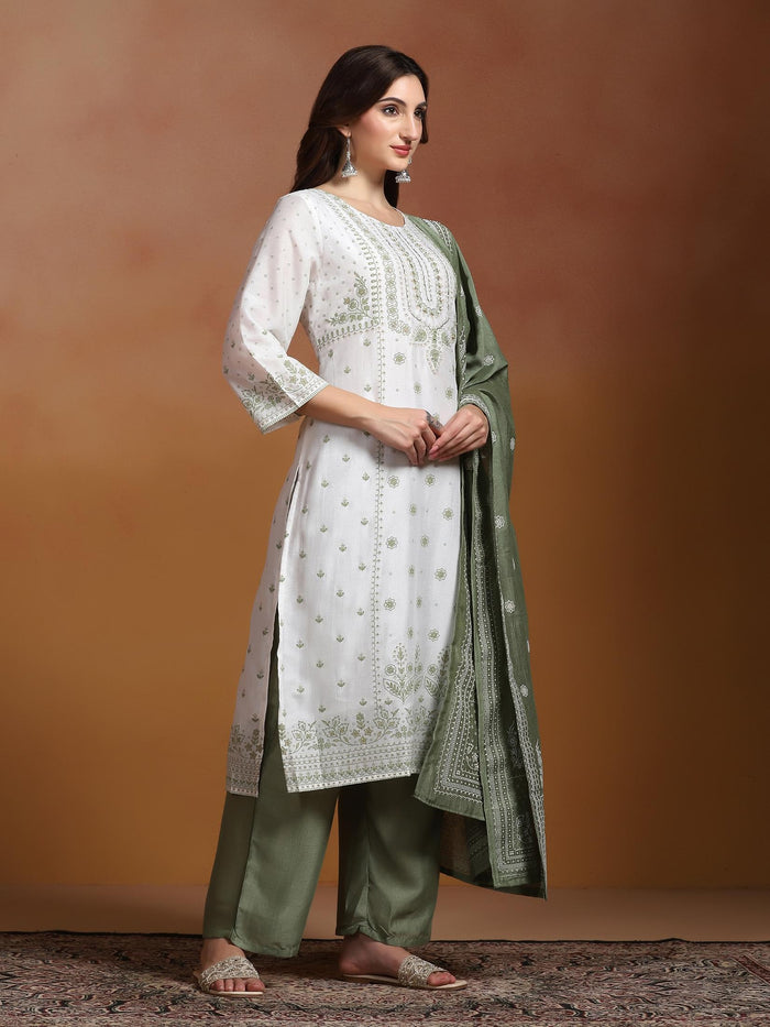 Women Poly Viscose Off White and Green Embroidered Kurta Comfort Pant Dupatta.