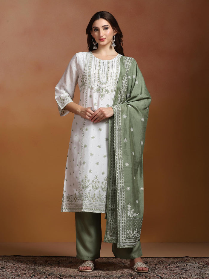 Women Poly Viscose Off White and Green Embroidered Kurta Comfort Pant Dupatta.