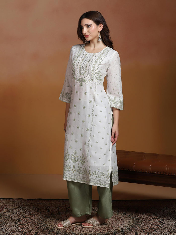 Women Poly Viscose Off White and Green Embroidered Kurta Comfort Pant Dupatta.