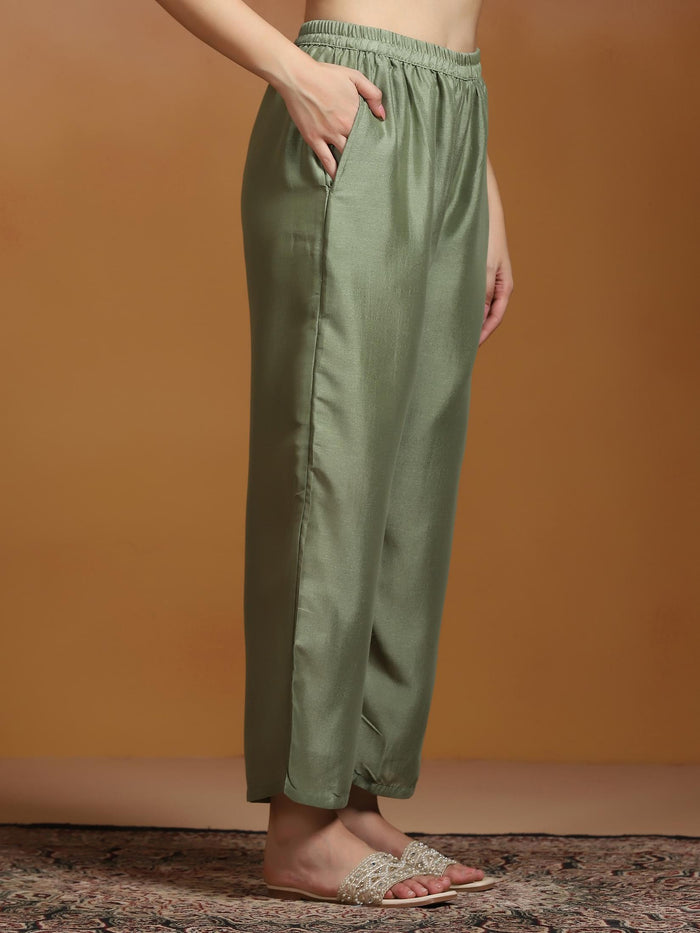 Women Poly Viscose Off White and Green Embroidered Kurta Comfort Pant Dupatta.