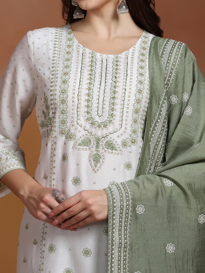 Women Poly Viscose Off White and Green Embroidered Kurta Comfort Pant Dupatta.
