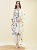 Women Poly Viscose Off White Embroidered Kurta Comfort Pant Dupatta.