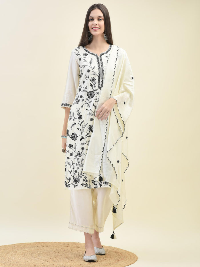 Women Poly Viscose Off White Embroidered Kurta Comfort Pant Dupatta.