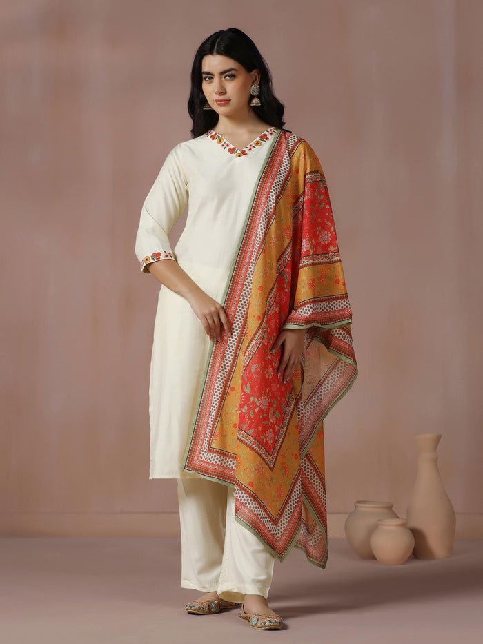 Women Poly Viscose Off White Embroidered Kurta Comfort Pant Dupatta.