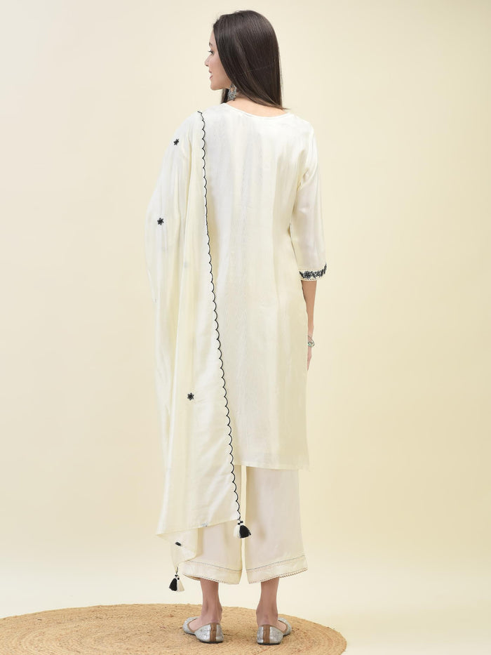 Women Poly Viscose Off White Embroidered Kurta Comfort Pant Dupatta.