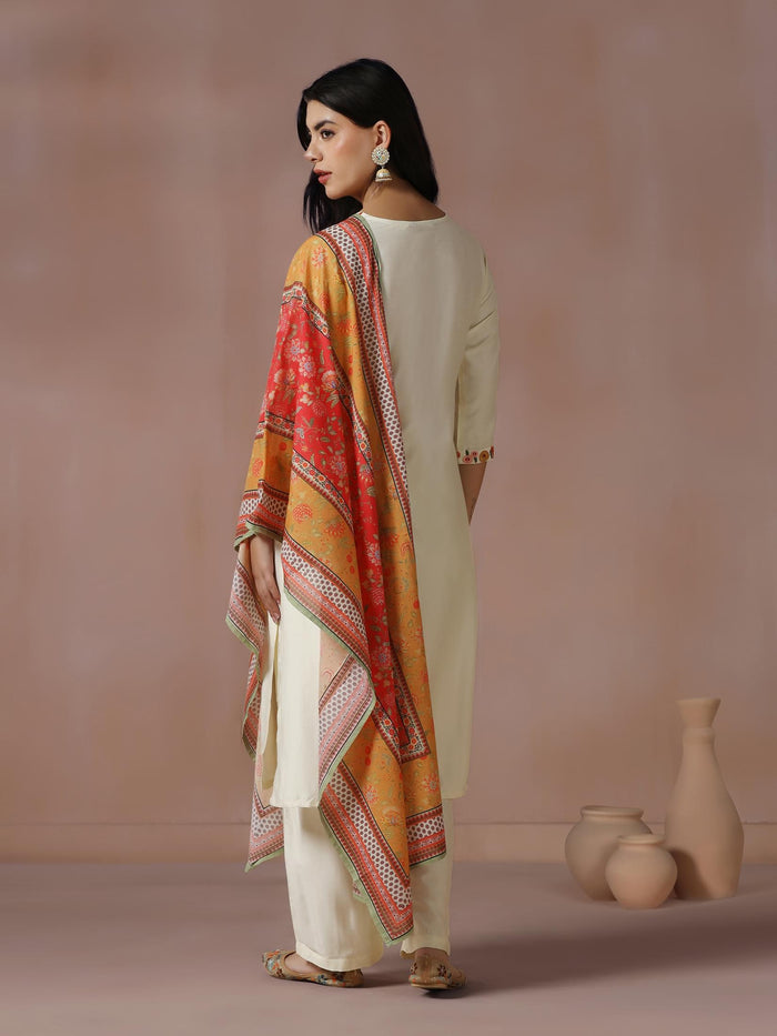 Women Poly Viscose Off White Embroidered Kurta Comfort Pant Dupatta.