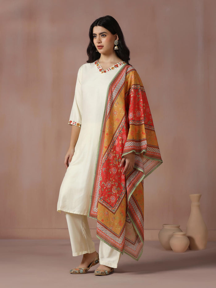 Women Poly Viscose Off White Embroidered Kurta Comfort Pant Dupatta.