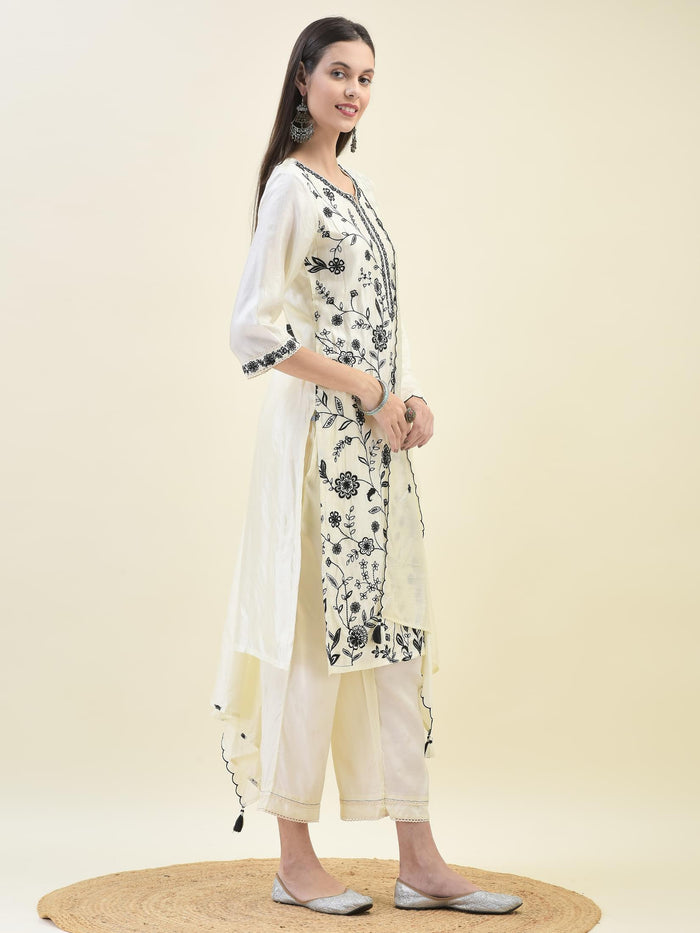 Women Poly Viscose Off White Embroidered Kurta Comfort Pant Dupatta.